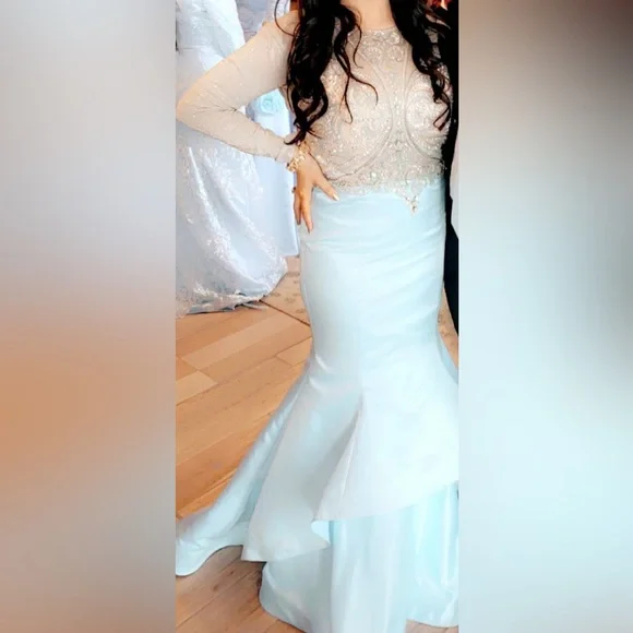 sachin and babi light blue dress Elegant Baby Blue Spaghetti Strap Lace Long Sleeve Popular Long Evenin   Wish Gown